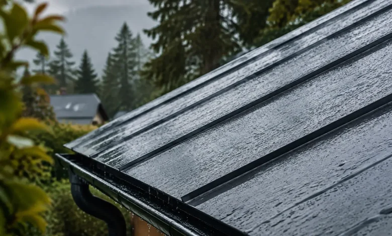 Toit metallique incline sous une pluie grise, planches mouillees