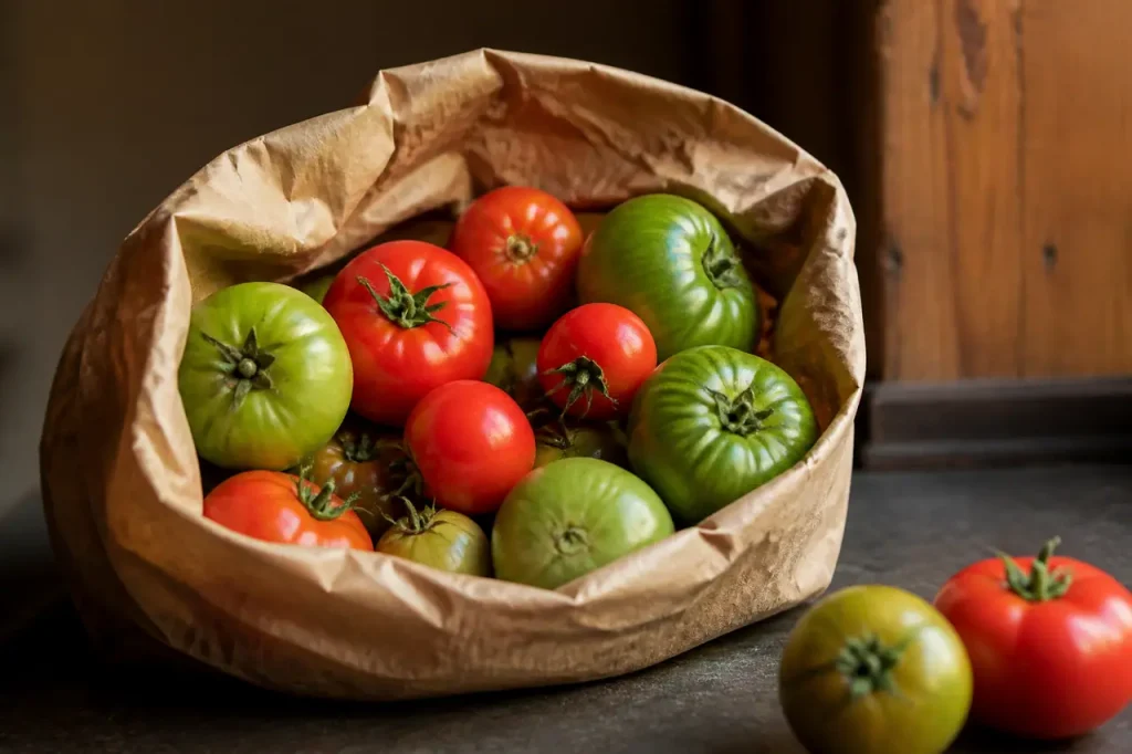 Tomates vertes et rouges dans un sac brun