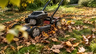 Tondeuse arretee sur gazon couvert de feuilles mortes