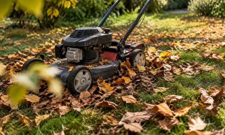 Tondeuse arretee sur gazon couvert de feuilles mortes