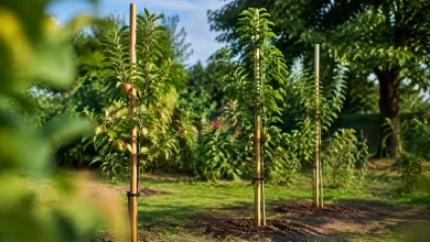 Trois jeunes arbres fruitiers maintenus par tuteurs en bois