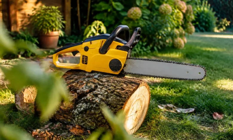 Tronconneuse jaune posee sur une buche dans un jardin