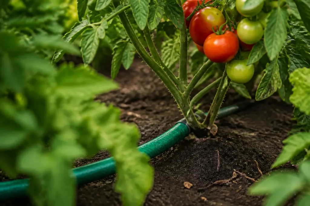 Tuyau vert au pied des tomates dans le potager