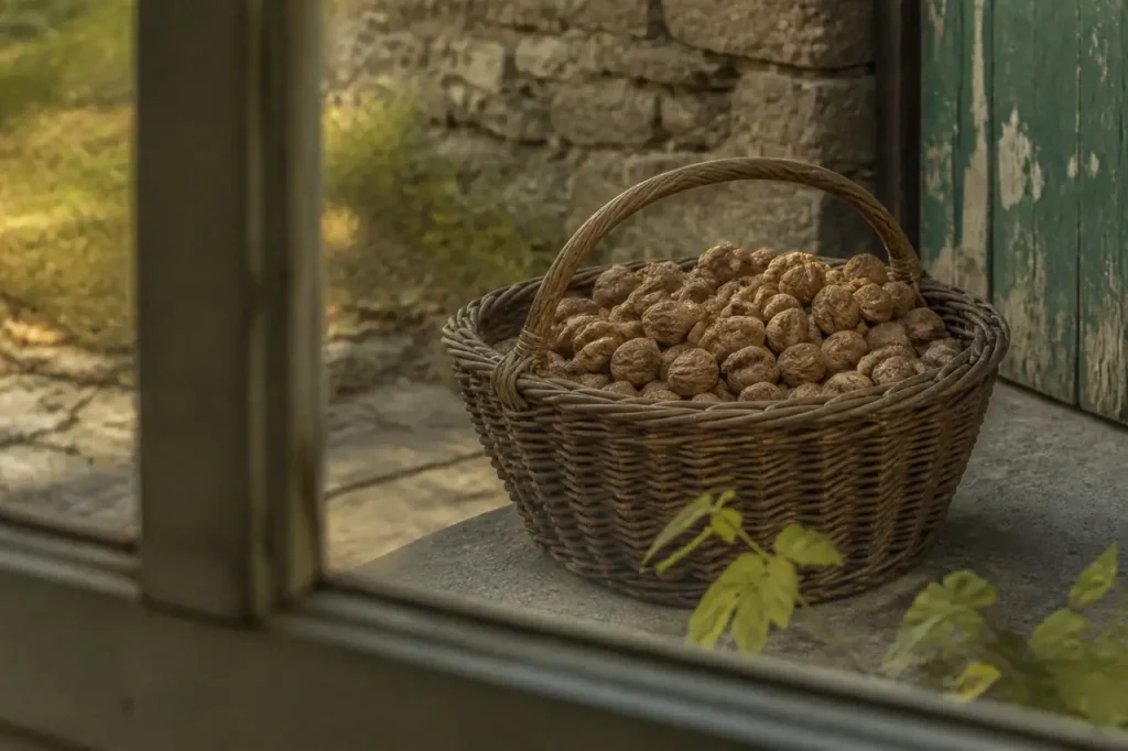 Deux voisins parlent devant un panier de noix